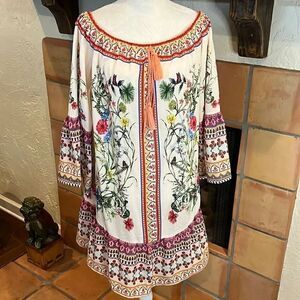 Umgee Border Bell Sleeve Dress - Natural, S!